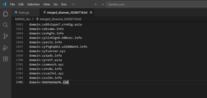 Tangkapan layar daftar link spam
