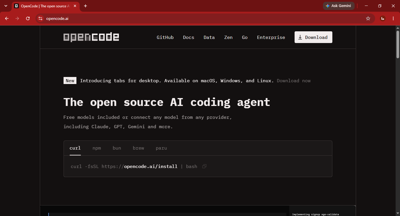 OpenCode adalah AI coding agent open source untuk membantu developer menulis dan mengubah kode melalui terminal, IDE, dan desktop.